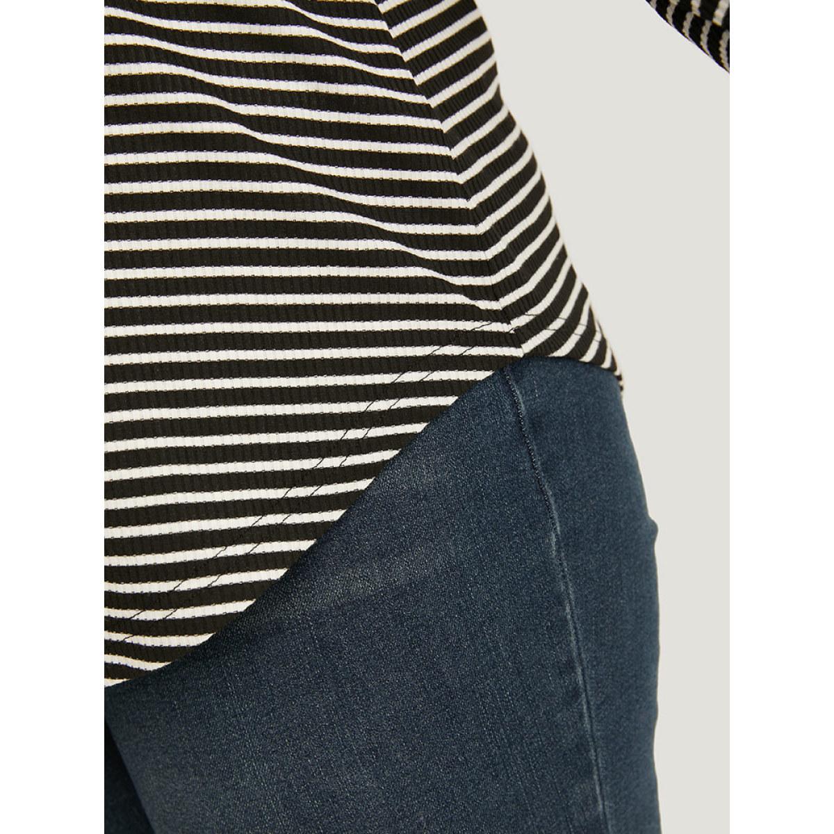 Plus Size Striped Button Up Curved Hem Patchwork T-shirt Black Women Casual Elastic cuffs Striped Open Front Dailywear T-shirts BloomChic 10/M Product Image