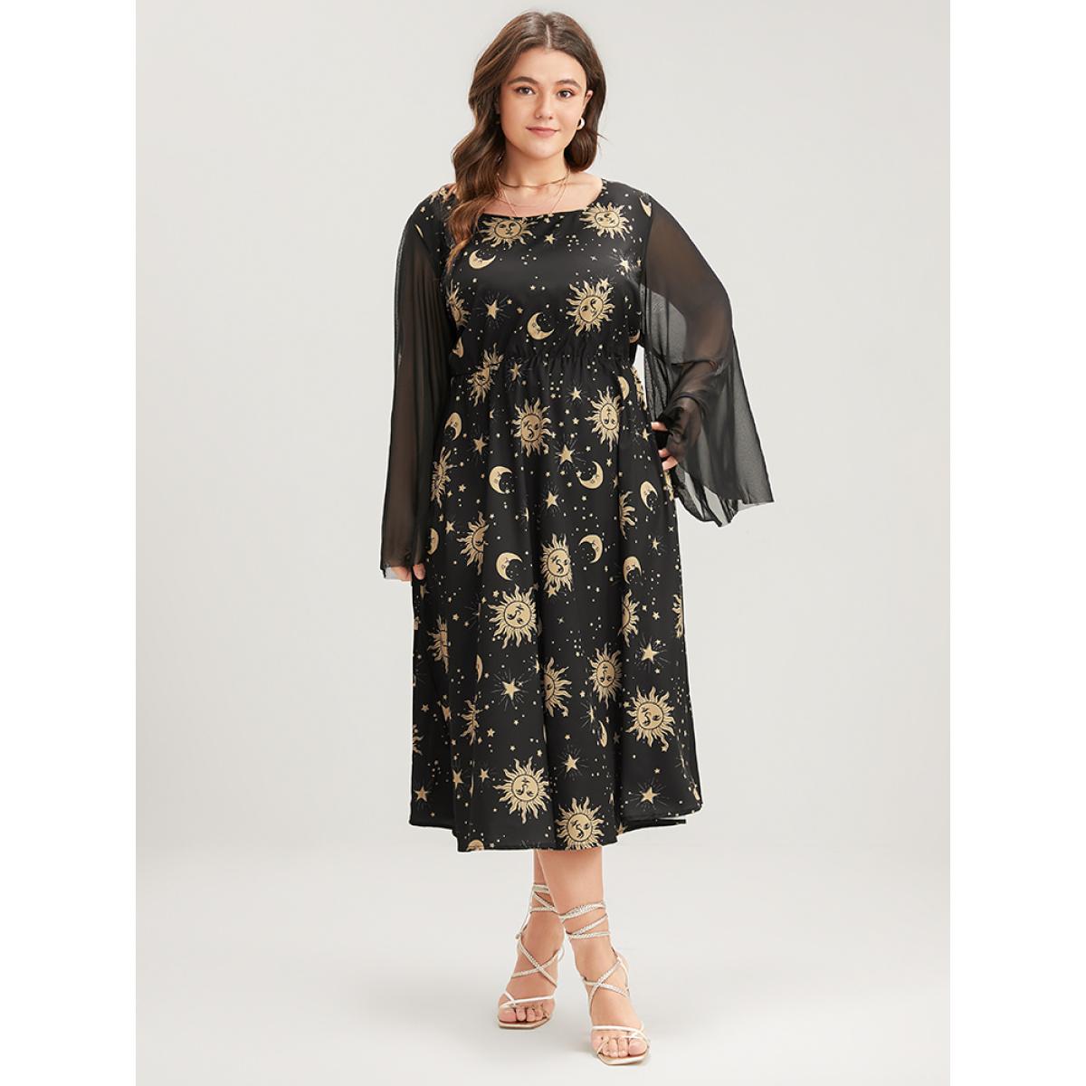 Plus Size Halloween Moon And Star Bell Sleeve Pocket Crew Neck Midi Dress Black Women Elegant Patchwork Round Neck Long Sleeve Curvy Midi Dress BloomChic 26/4X Product Image