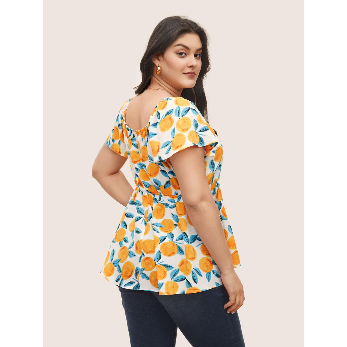 Plus Size Ivory Citrus Square Neck Orange Print Pleated Blouse Women Elegant Short sleeve Square Neck Everyday Blouses BloomChic 12/L Product Image