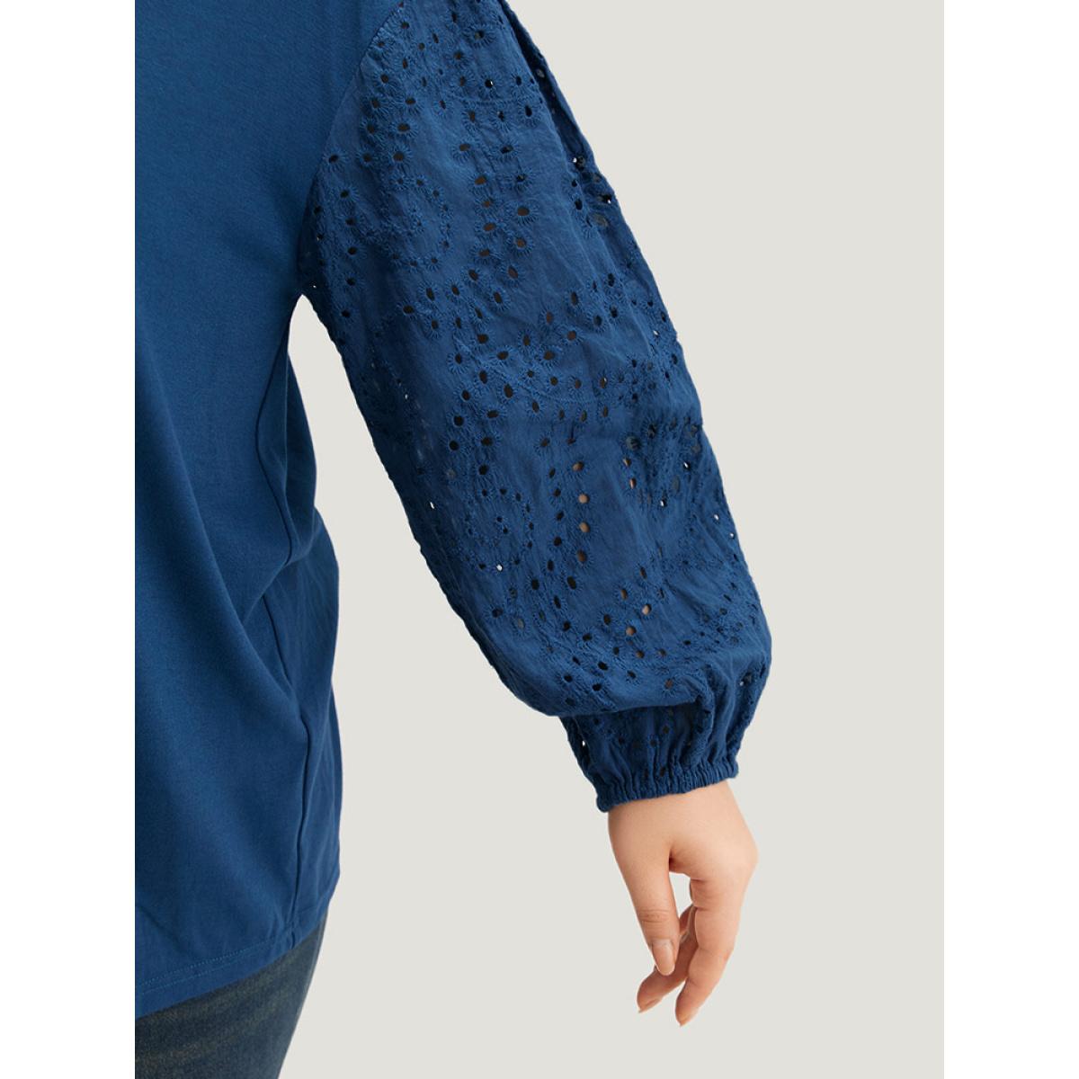 Plus Size V Neck Broderie Anglaise Patchwork Lantern Sleeve T-shirt Aegean Women Elegant Elastic cuffs Plain V-neck Dailywear T-shirts BloomChic 10/M Product Image