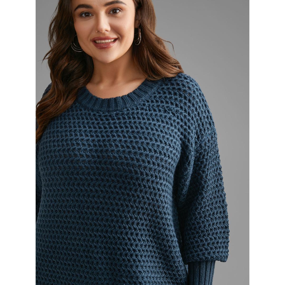 Plus Size Texture Drop Shoulder Split Hem Pullover Cyan Women Casual Loose Long Sleeve Round Neck Everyday Pullovers BloomChic 18-20/2X Product Image