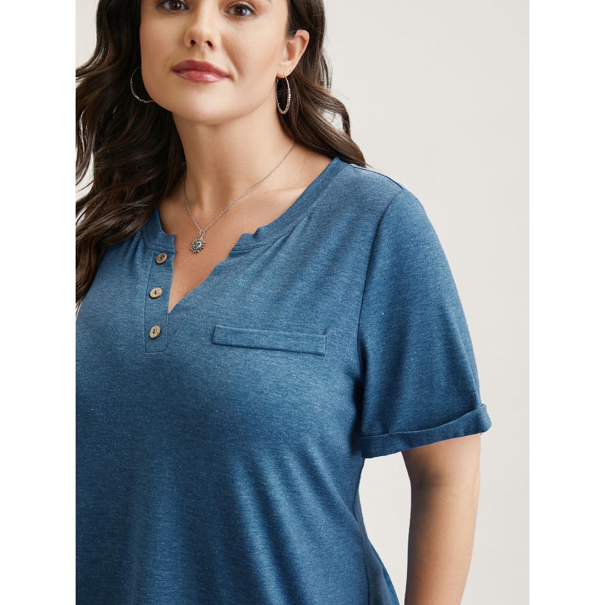 Plus Size Button-Front Half Sleeve Fitted T-Shirt Cerulean Women Leisure Roll Hem Notched collar Casual T-shirts BloomChic 28/5X Product Image