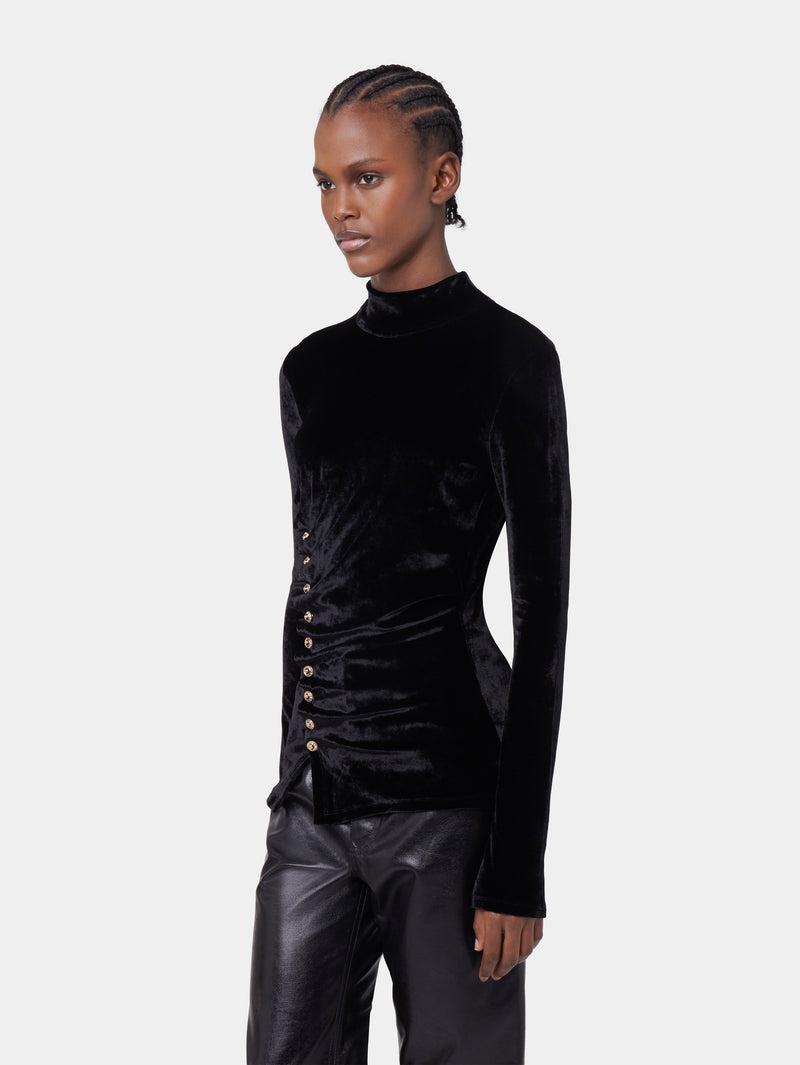 BLACK LONG-SLEEVED DRAPE TOP IN VELVET Product Image