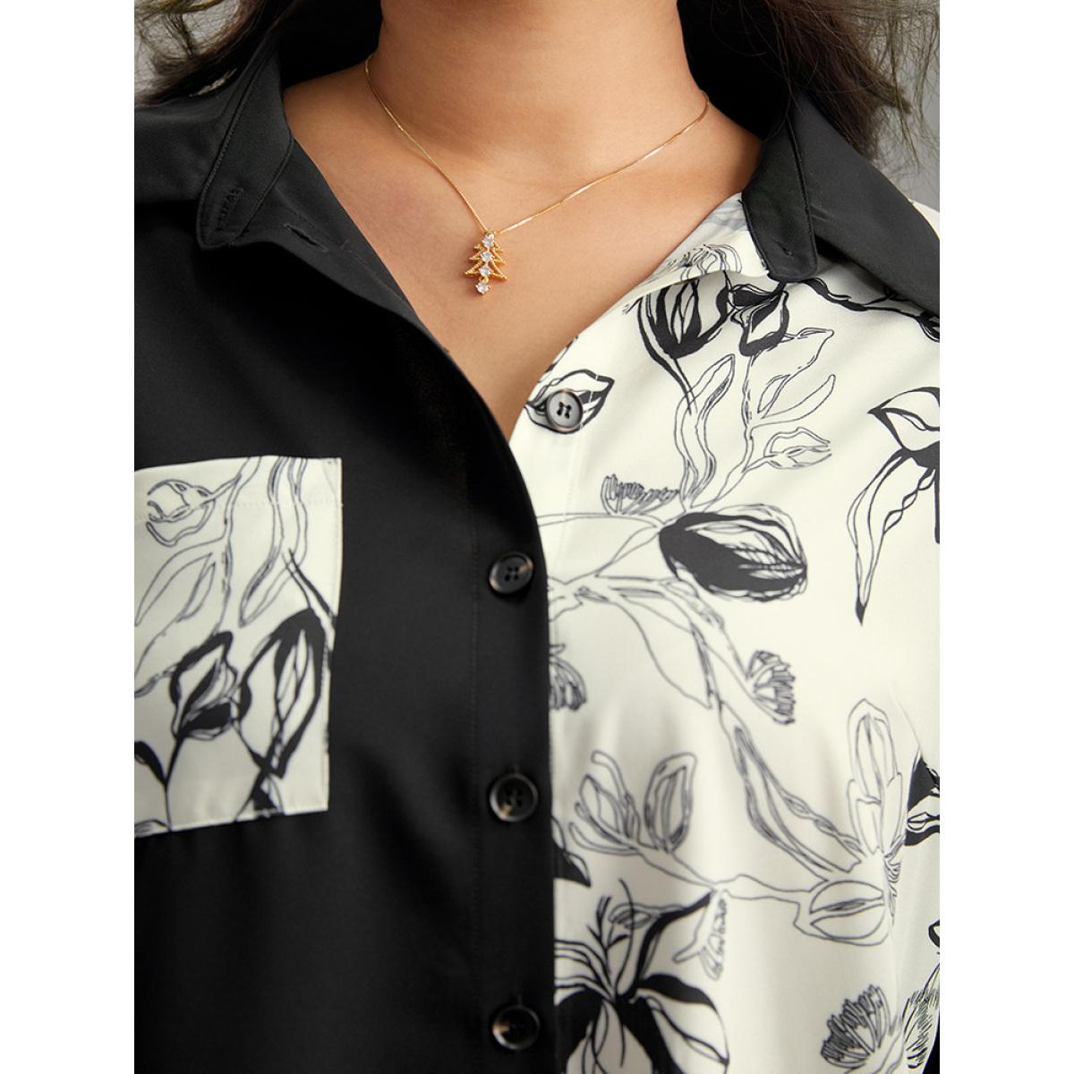 Plus Size Black Silhouette Floral Print Twill Shirt Collar Contrast Blouse Women Office Long Sleeve Shirt collar Work Blouses BloomChic 12/L Product Image