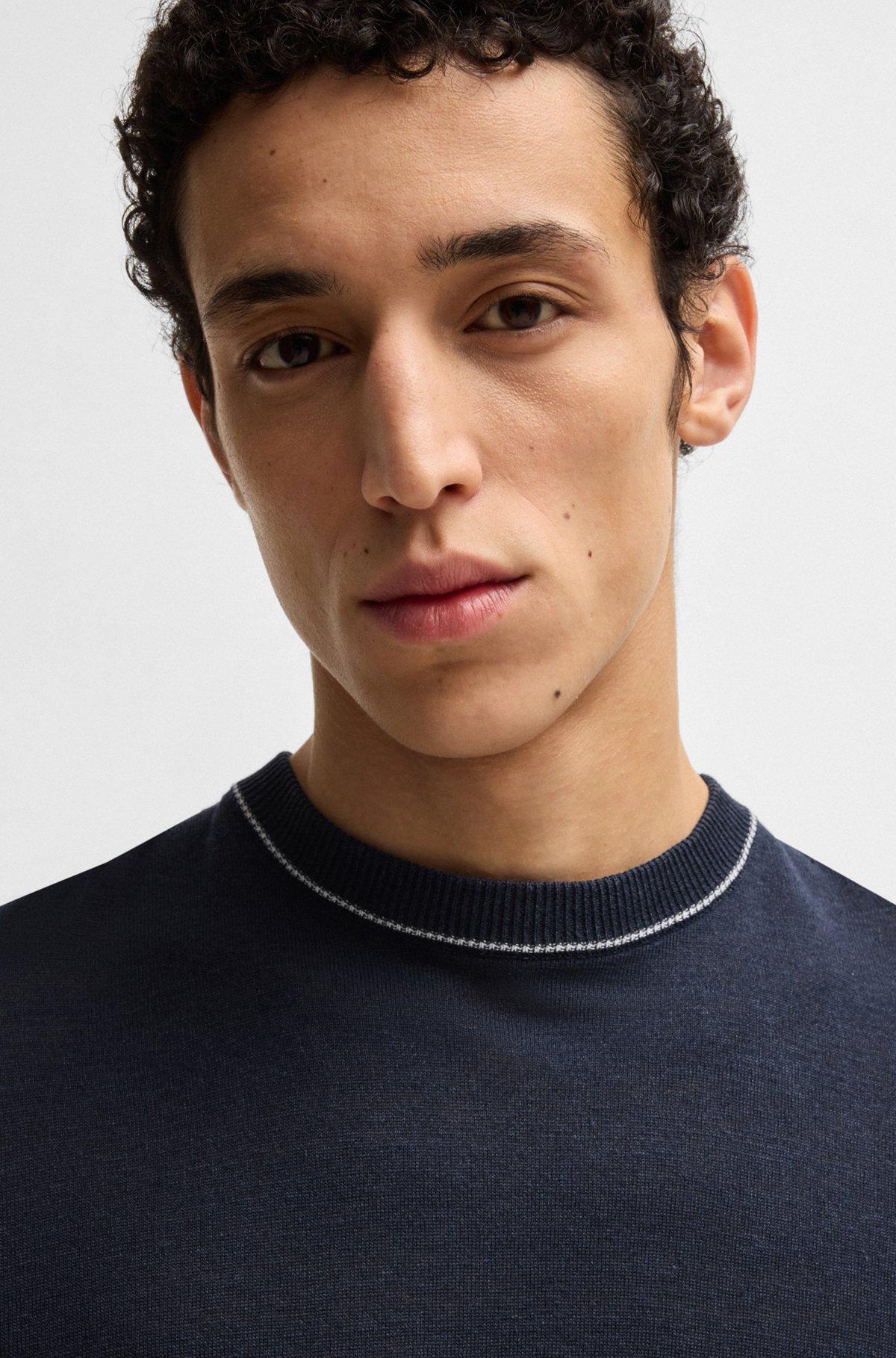 BOSS - Linen-blend sweatshirt with tipping - Dark Blue Product Image