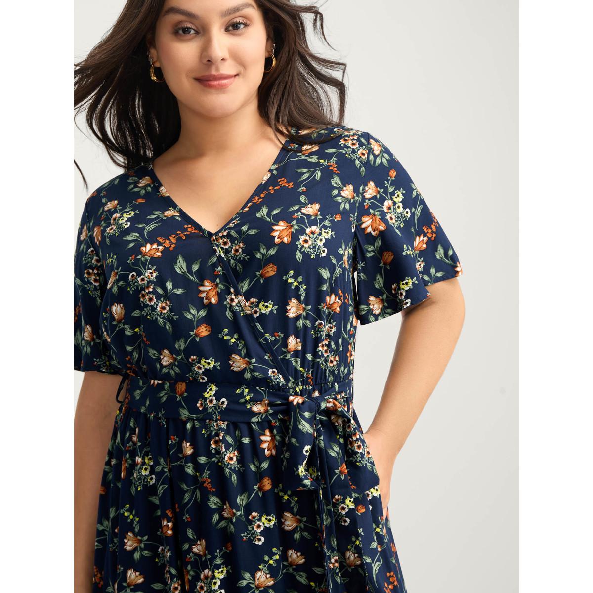 Plus Size Rayon Floral Side-Tie Stretchy Midi Dress Indigo Women Timeless Overlap Collar Short sleeve Curvy BloomChic 26/4X Product Image