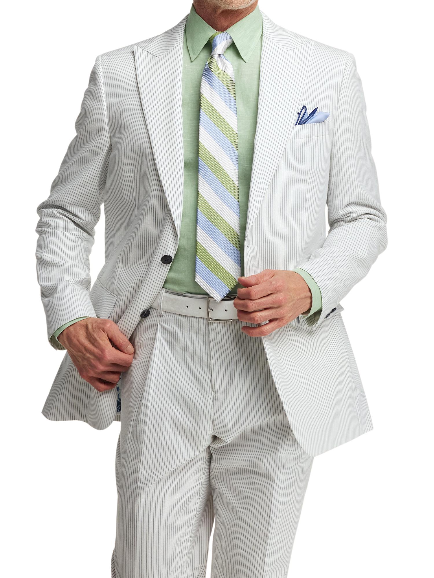 Cotton Stretch Stripe Seersucker Single Breasted Peak Lapel Suit Jacket - White/blue Product Image