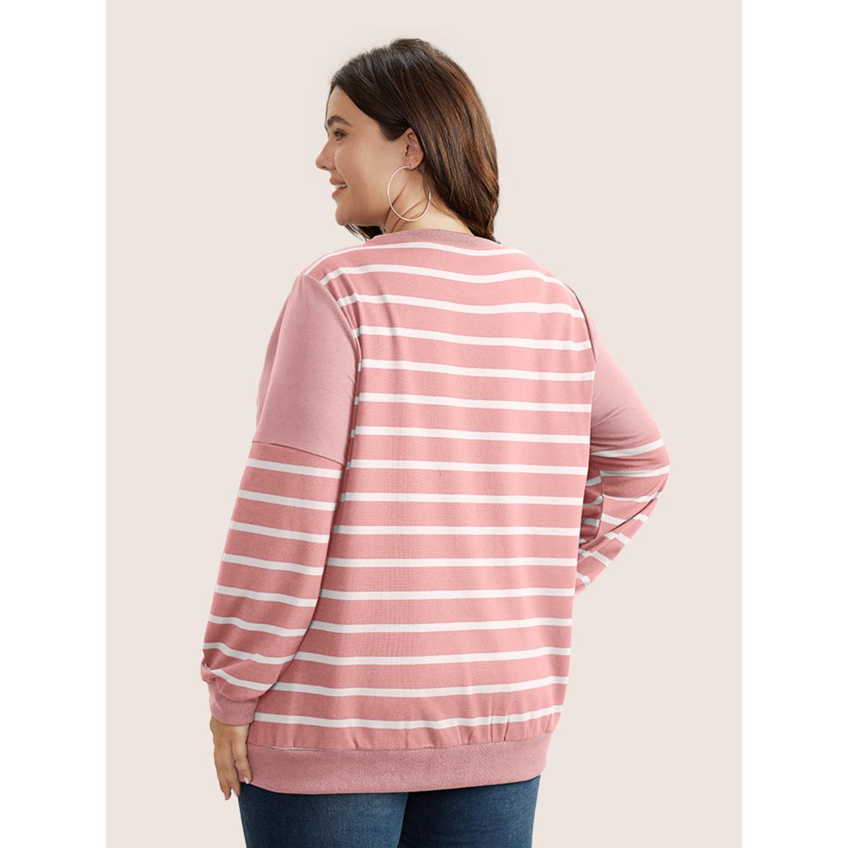 Plus Size Striped Patchwork Button Detail Sweatshirt Women Pink Casual Non Round Neck Everyday Sweatshirts BloomChic 10/M Product Image