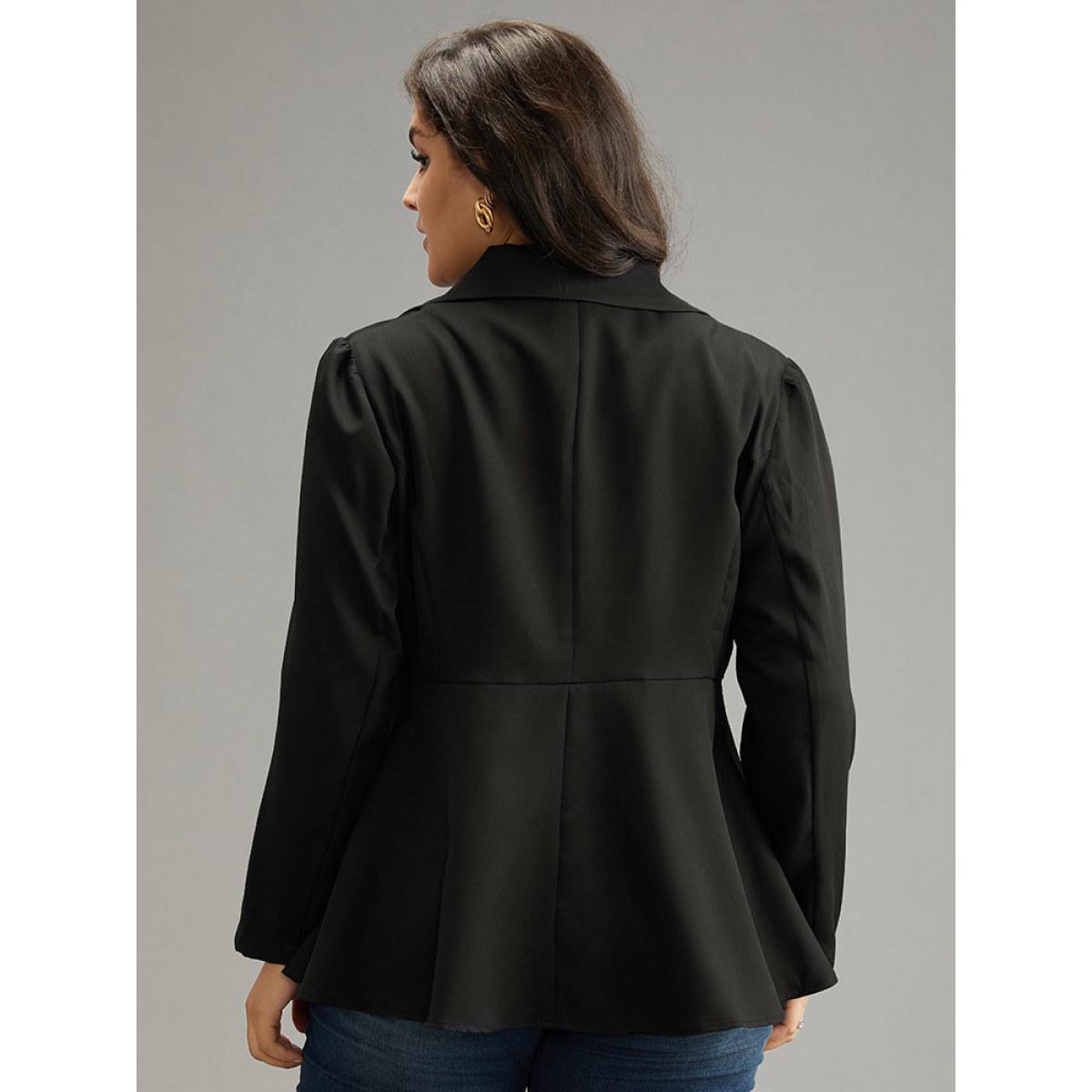 Plus Size Plain Button Up Ruffles Blazer Black Women Work Plain Plain Sleeve Long Sleeve Suit Collar 10/M Office Blazers BloomChic Product Image