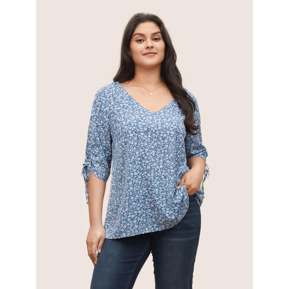 Plus Size Cerulean Ditsy Floral Knot Ties Sleeve Blouse Women Elegant Elbow-length sleeve V-neck Everyday Blouses BloomChic 10/M Product Image
