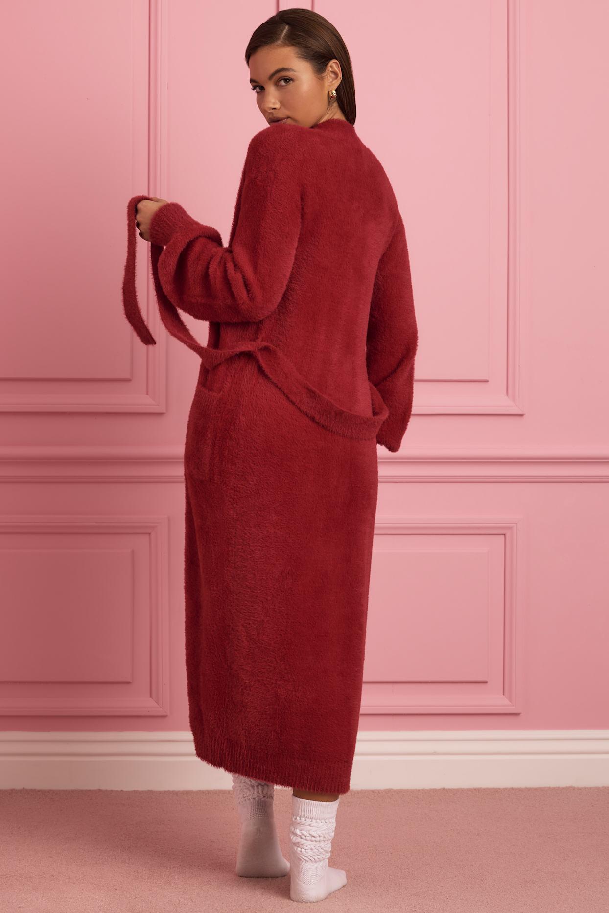 Fluffy Knit Longline Cardigan in Ruby Red Product Image