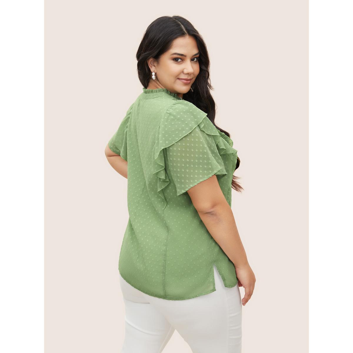 Plus Size Mint Texture Frill Trim Ruffle Sleeve Blouse Women Elegant Short sleeve Mock Neck Everyday Blouses BloomChic 10/M Product Image