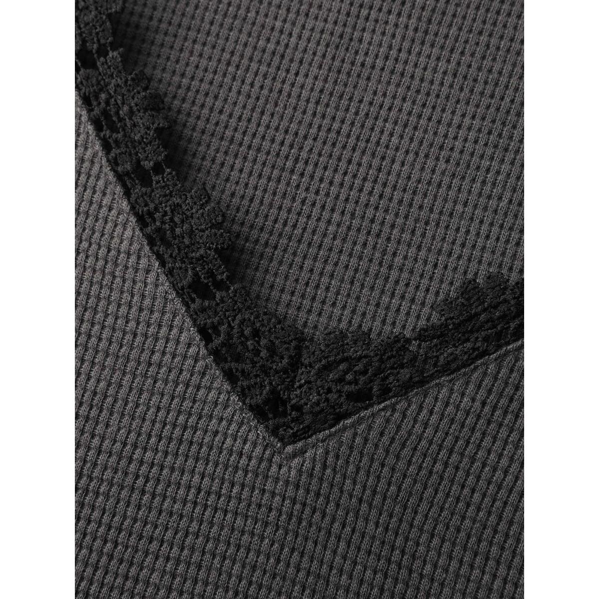 Plus Size Lace Trim Textured V-Neck T-Shirt DimGray Women Leisure Woven ribbon&lace trim V-neck Casual T-shirts BloomChic 22-24/3X Product Image