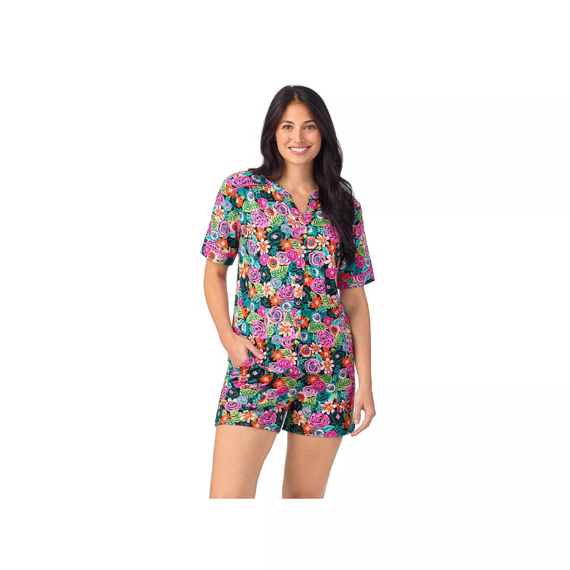 Women's Cuddl Duds® Short Sleeve Split Neck Pajama Top and Pajama Shorts Set, Size: XS, Black Floral Product Image