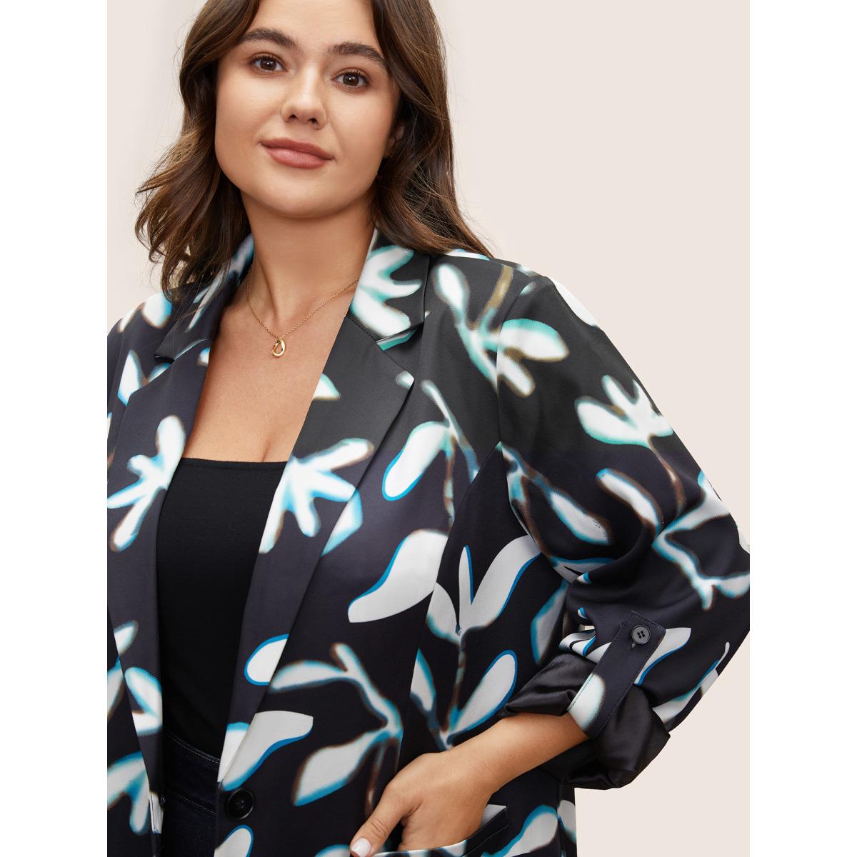 Plus Size Plants Print Suit Collar Button Up Tab Sleeve Blazer BlackFlower Women Work Plants Non Sleeve Long Sleeve Suit Collar 12/L Single-flap pocket At the Office Blazers BloomChic Product Image