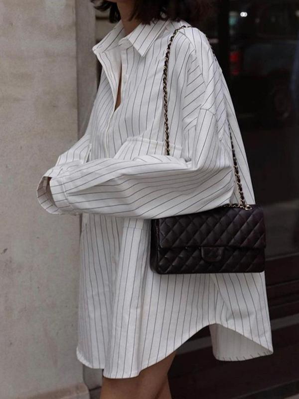 Irregular Clipping Long Sleeves Split-Joint Striped Lapel Blouses Product Image