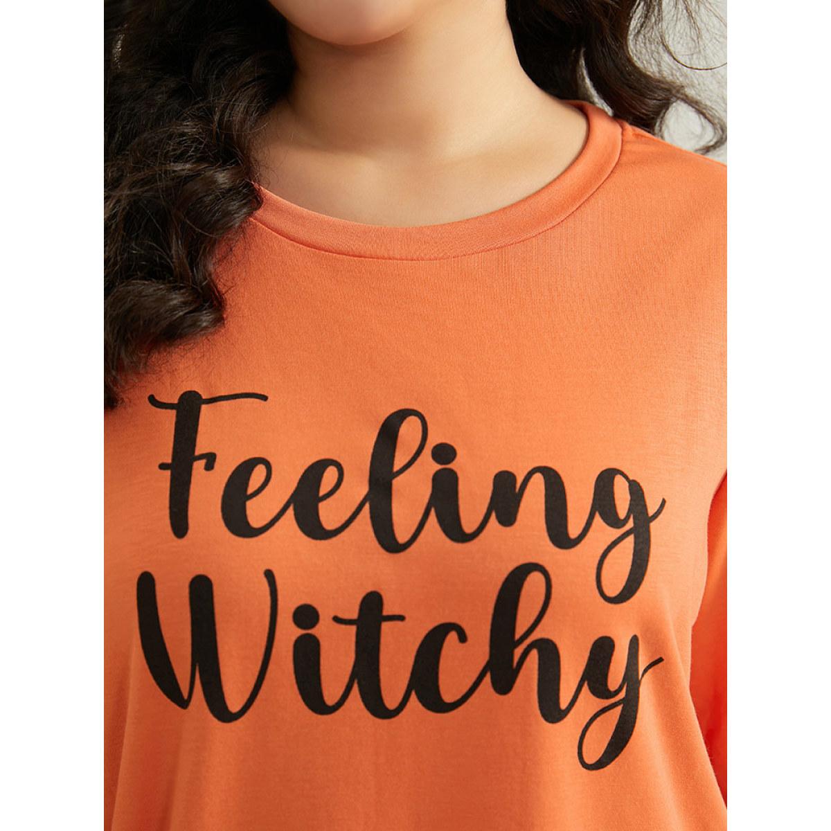Plus Size Halloween Letter Print Round Neck Sweatshirt Women OrangeRed Casual Elastic cuffs Festival-Halloween Sweatshirts BloomChic 10/M Product Image