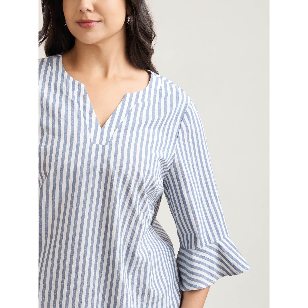 Plus Size Stone Striped Split Neck Flared Sleeve Shirt Women At the Office Elbow-length sleeve Notched collar Work Blouses BloomChic 18-20/2X Product Image