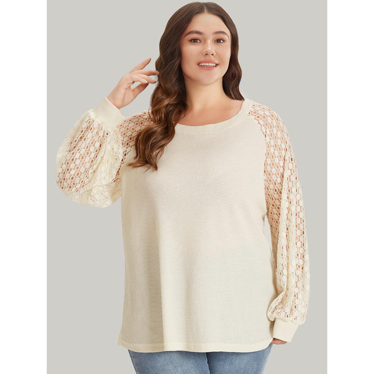 Plus Size Lace Panel Raglan Sleeve Waffle Knit Sweatshirt Women Ivory Elegant Patchwork Round Neck Dailywear Sweatshirts BloomChic 14-16/1X Product Image