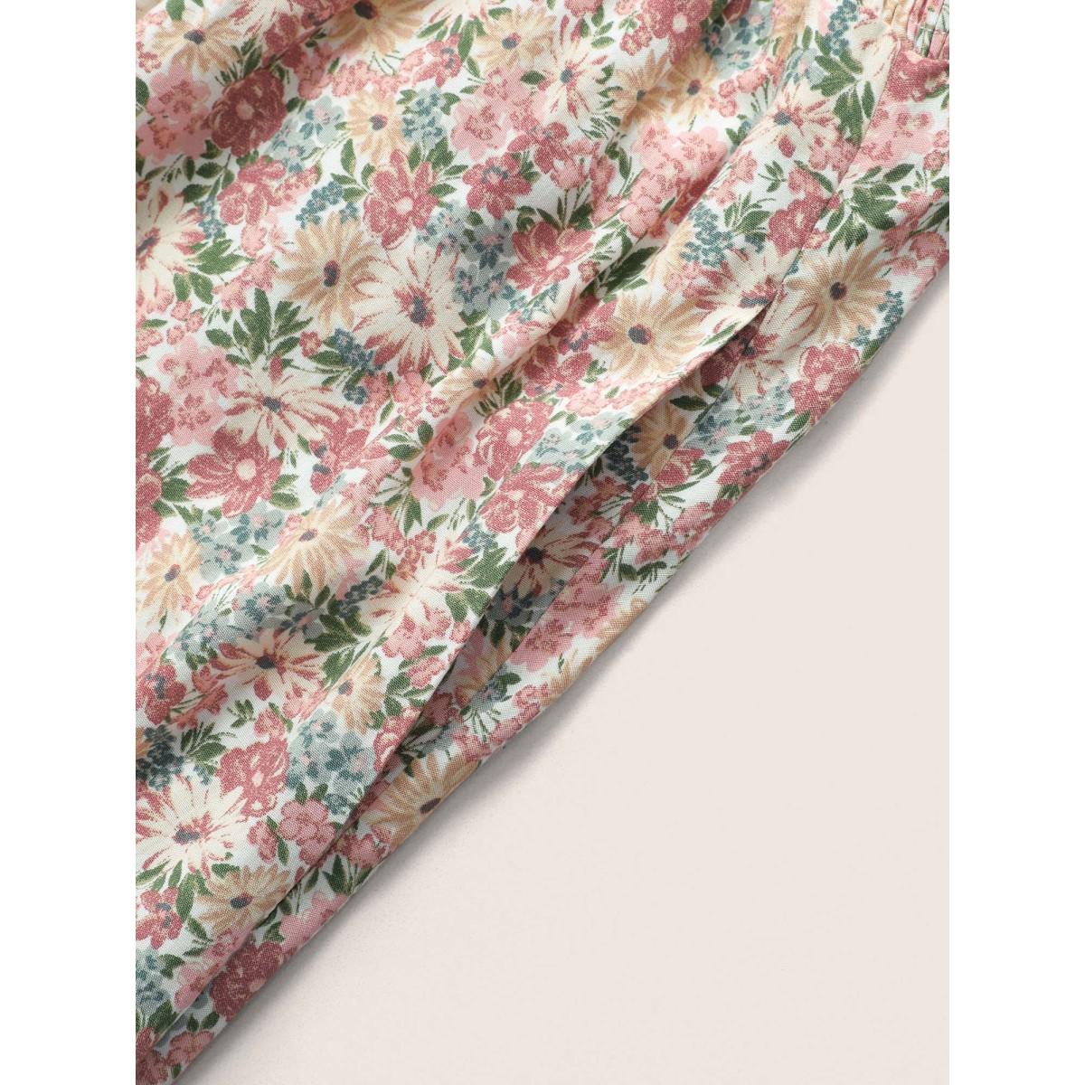 Plus Size Ditsy Floral Tassels Gathered Shirred Dress Rouge Women Resort Non V-neck Short sleeve Curvy Midi Dress BloomChic 26/4X Product Image