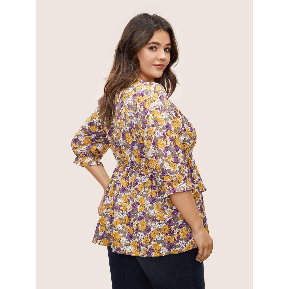 Plus Size Apricot Floral Allover Print Ruffles Tiered Hem Blouse Women Elegant Elbow-length sleeve Notched collar Everyday Blouses BloomChic 18-20/2X Product Image