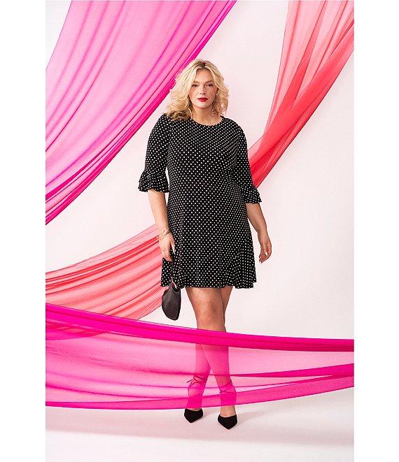 CeCe Plus Size Dotted Print Crew Neck 3/4 Sleeve Ruffled Hem Knit Shift Dress Product Image