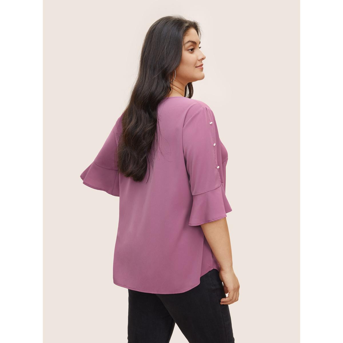 Plus Size Mauve Solid Keyhole Ruffle Sleeve Pearl Beaded Blouse Women Casual Half Sleeve Notched collar Everyday Blouses BloomChic 10/M Product Image