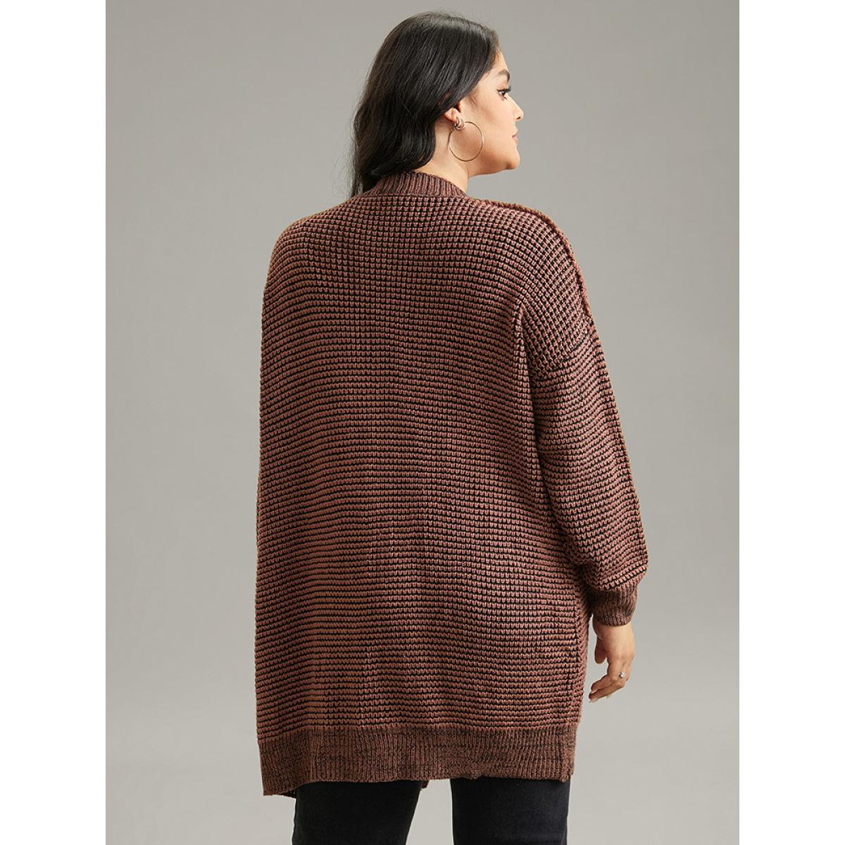 Plus Size Plisse Plain Patched Pocket Tunic Cardigan DarkBrown Women Casual Loose Long Sleeve Dailywear Cardigans BloomChic 22-24/3X Product Image