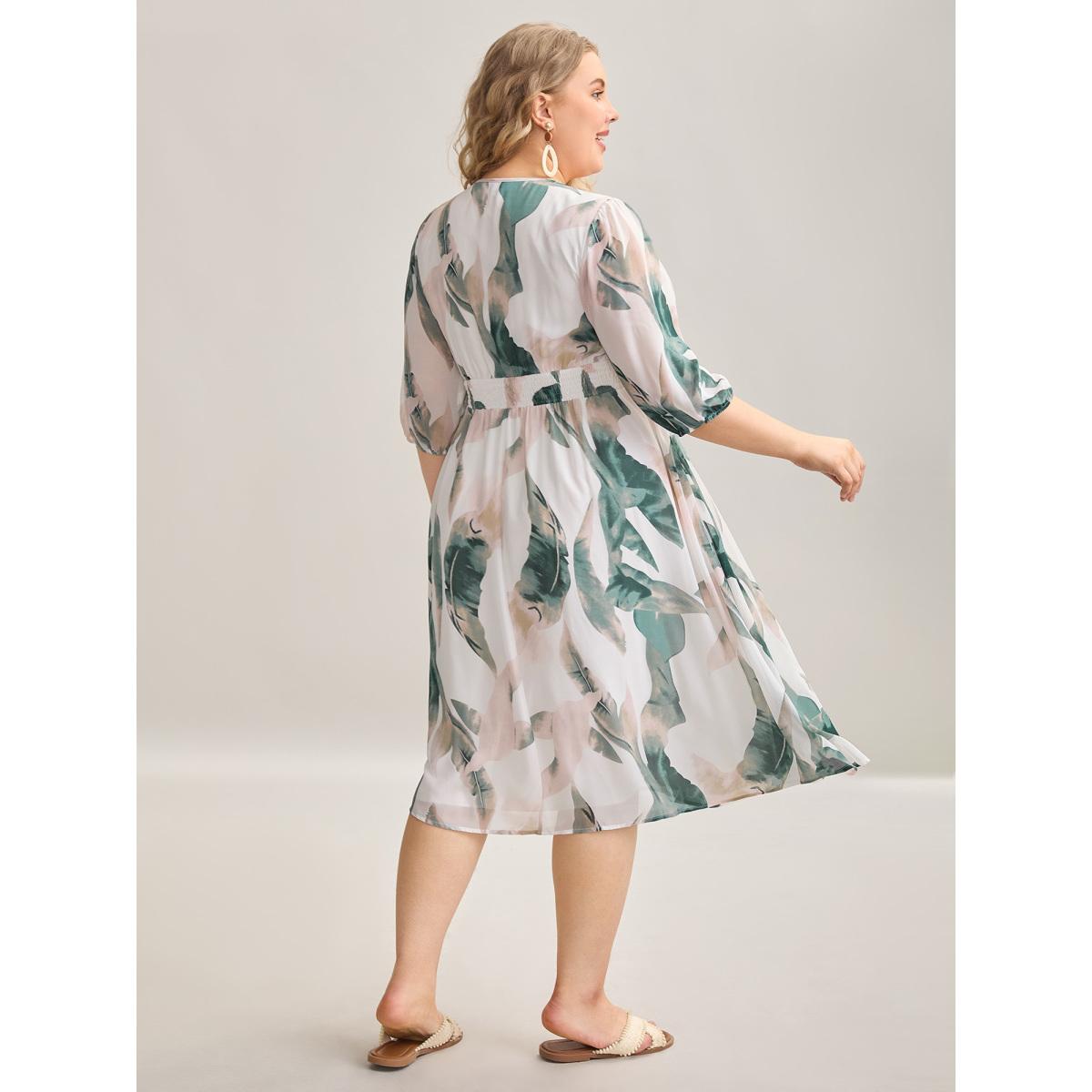 Plus Size Sheer Chiffon Shirred Pockets Midi Dress Malachitegreen Women Resort Gathered V-neck Elbow-length sleeve Curvy BloomChic 28/5X Product Image