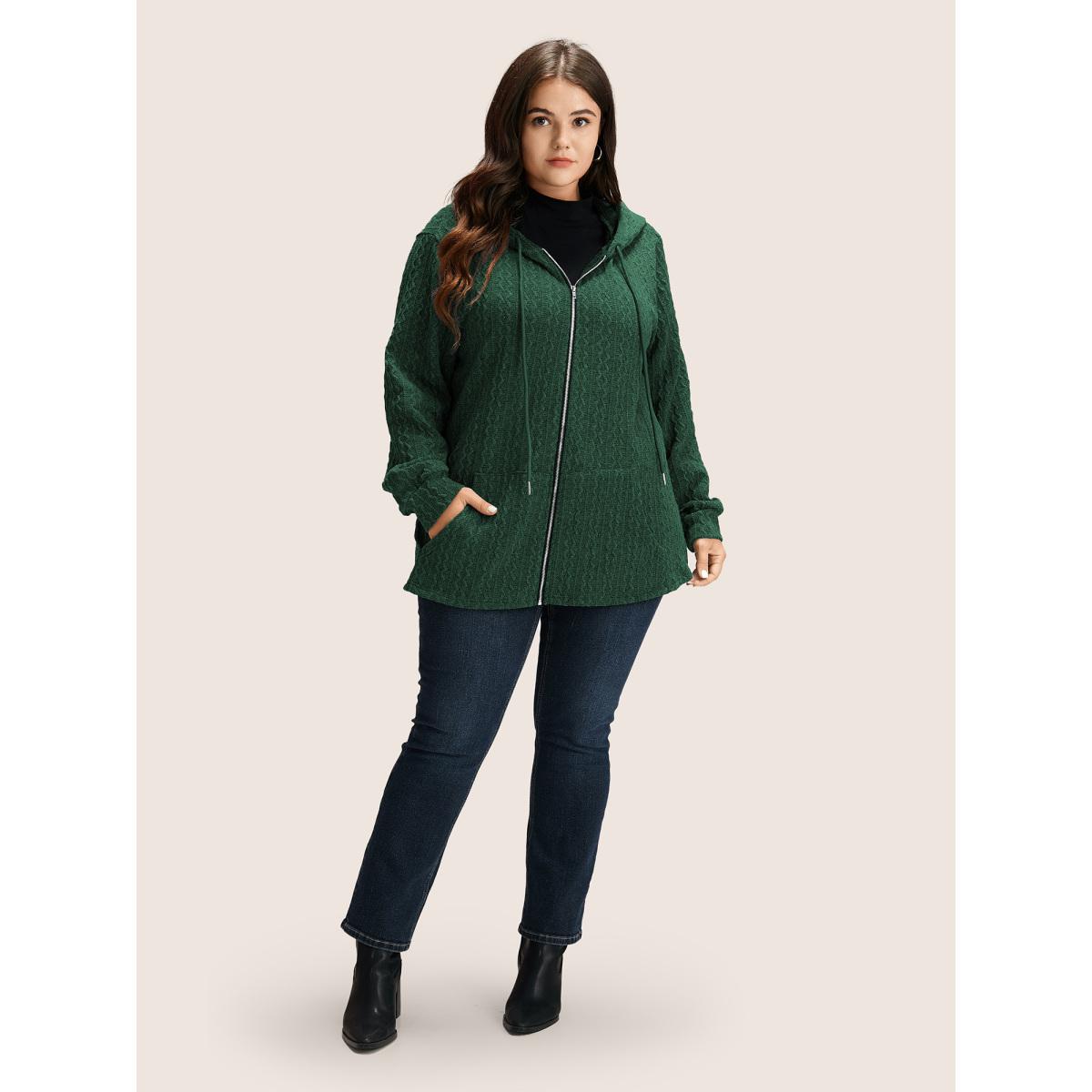 Plus Size Plain Textured Zipper Hooded Sweatshirt Women DarkGreen Casual Non Hooded Everyday Sweatshirts BloomChic 26/4X Product Image
