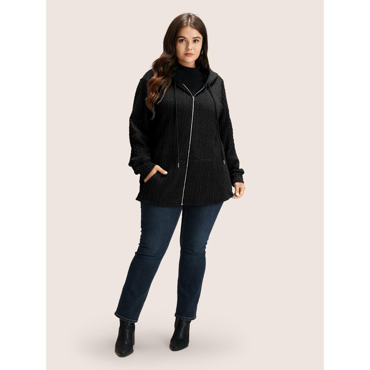 Plus Size Plain Textured Zipper Hooded Sweatshirt Women Black Casual Non Hooded Everyday Sweatshirts BloomChic 22-24/3X Product Image