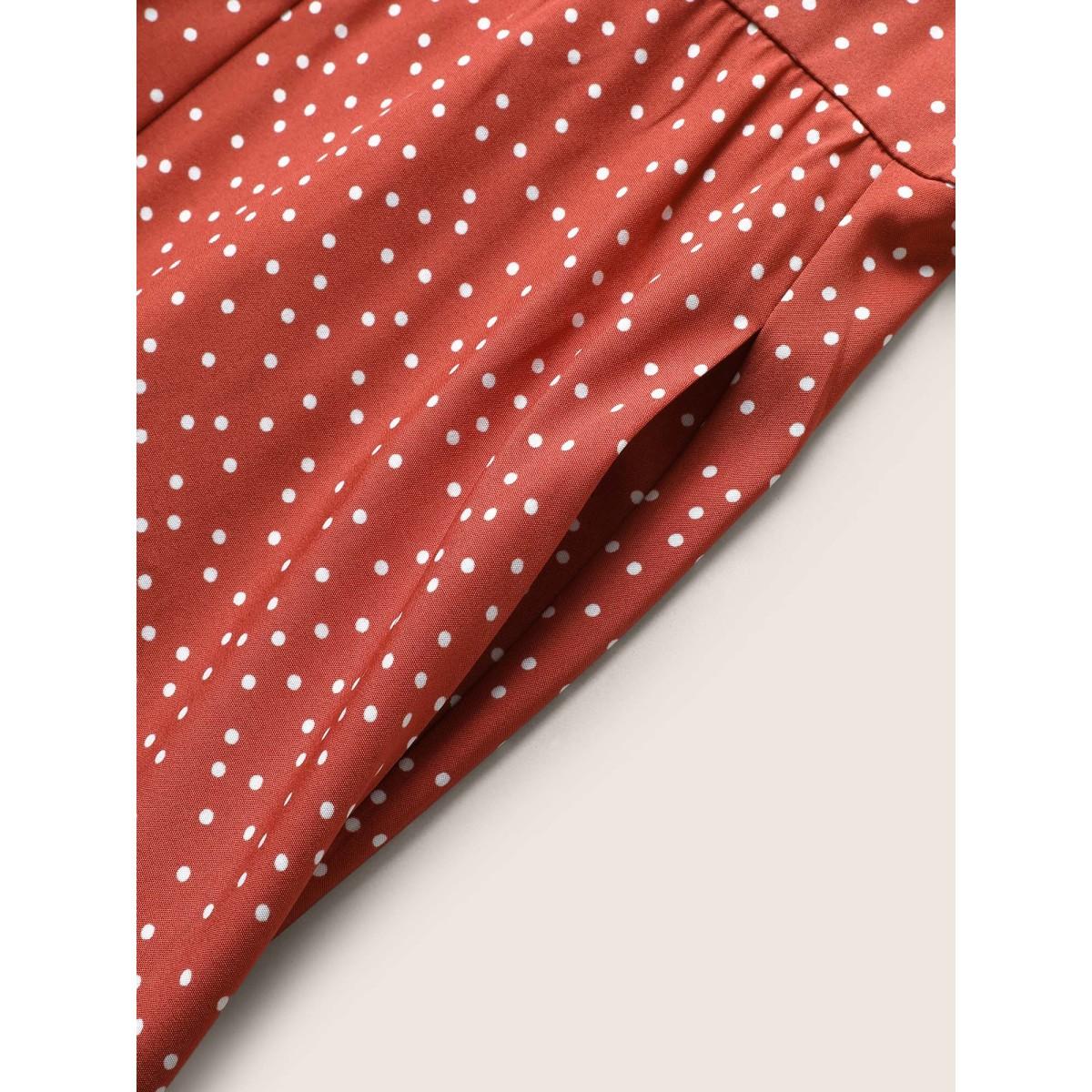 Plus Size Polka Dot Ties Lantern Sleeve Gathered Dress Rust Women Elegant Non Square Neck Short sleeve Curvy Midi Dress BloomChic 30/6X Product Image