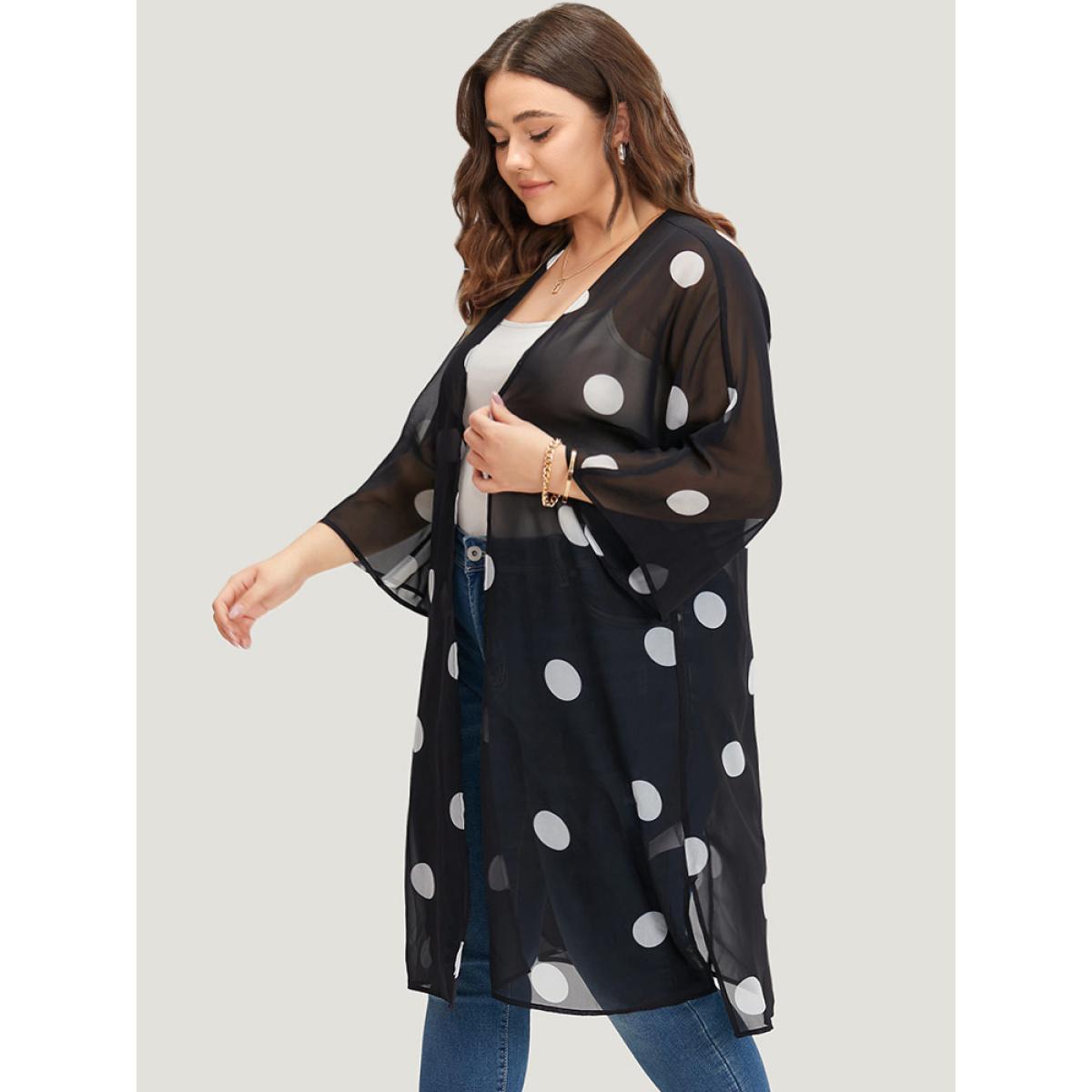 Plus Size Polka Dot Mesh Drape Open Front Kimono Women Black Casual Drape Loose Dailywear Kimonos BloomChic 26/4X Product Image