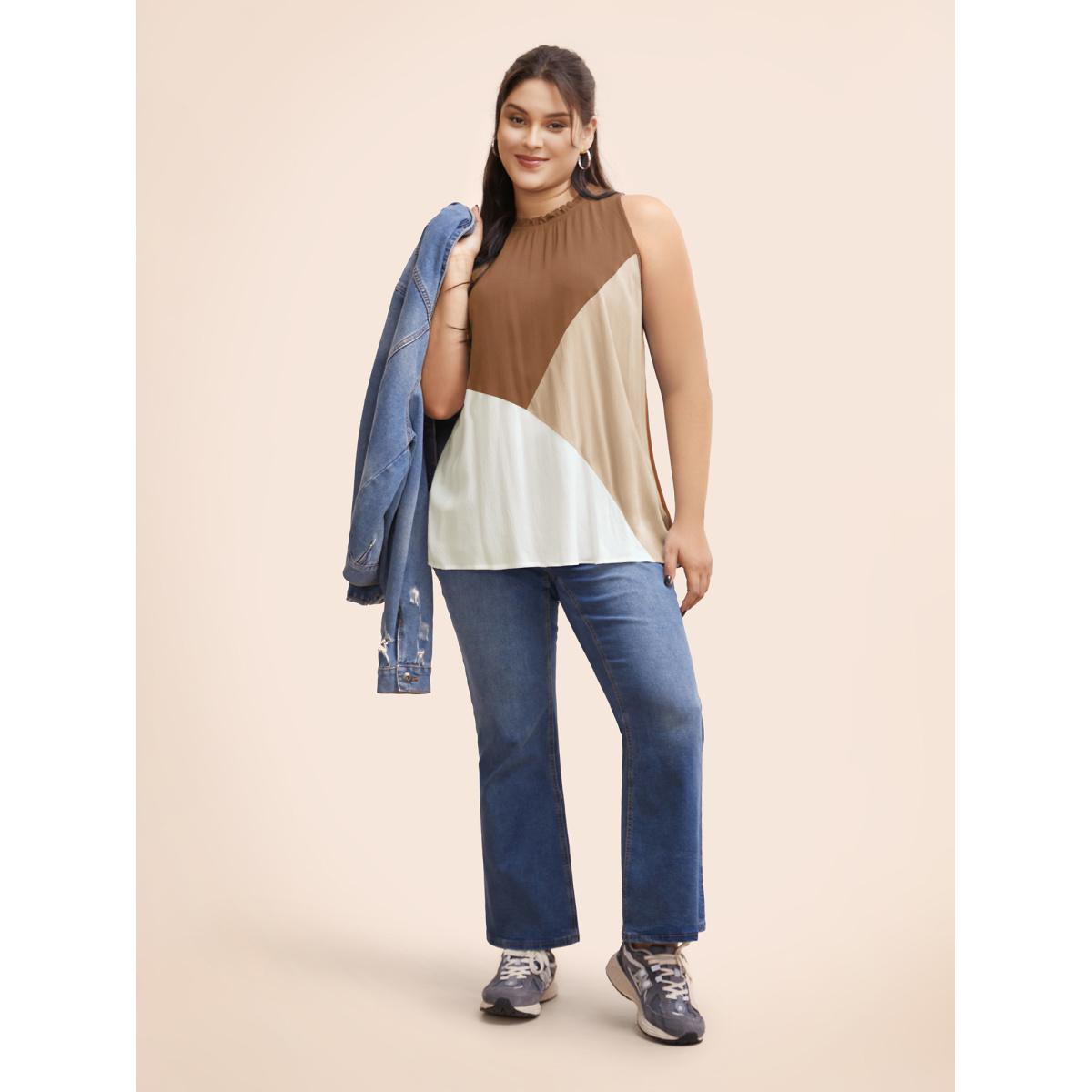 Plus Size Colorblock Contrast Frill Trim Gathered Tank Top Women Ivory Casual Contrast Mock Neck Everyday Tank Tops Camis BloomChic 30/6X Product Image