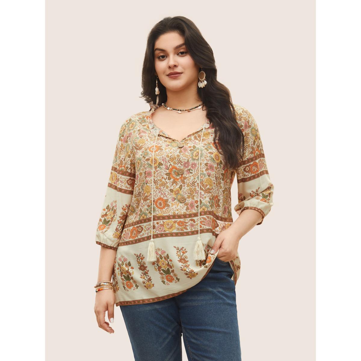 Plus Size Apricot Rayon Boho Print Button Detail Tie Neck Blouse Women Resort Elbow-length sleeve Notched collar Vacation Blouses BloomChic 10/M Product Image