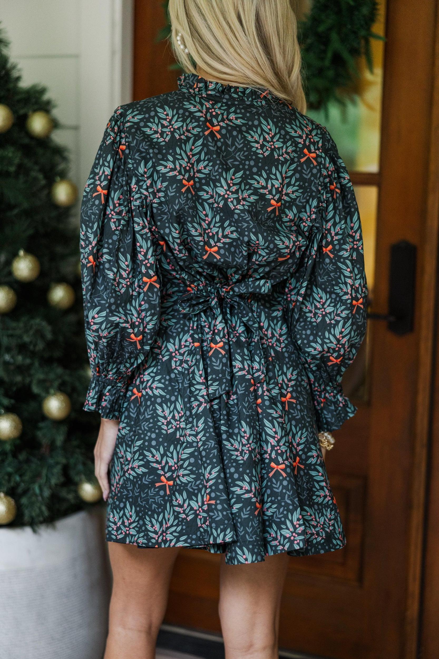 Under The Stars Navy Holiday Print Tie Back Dress Female Product Image