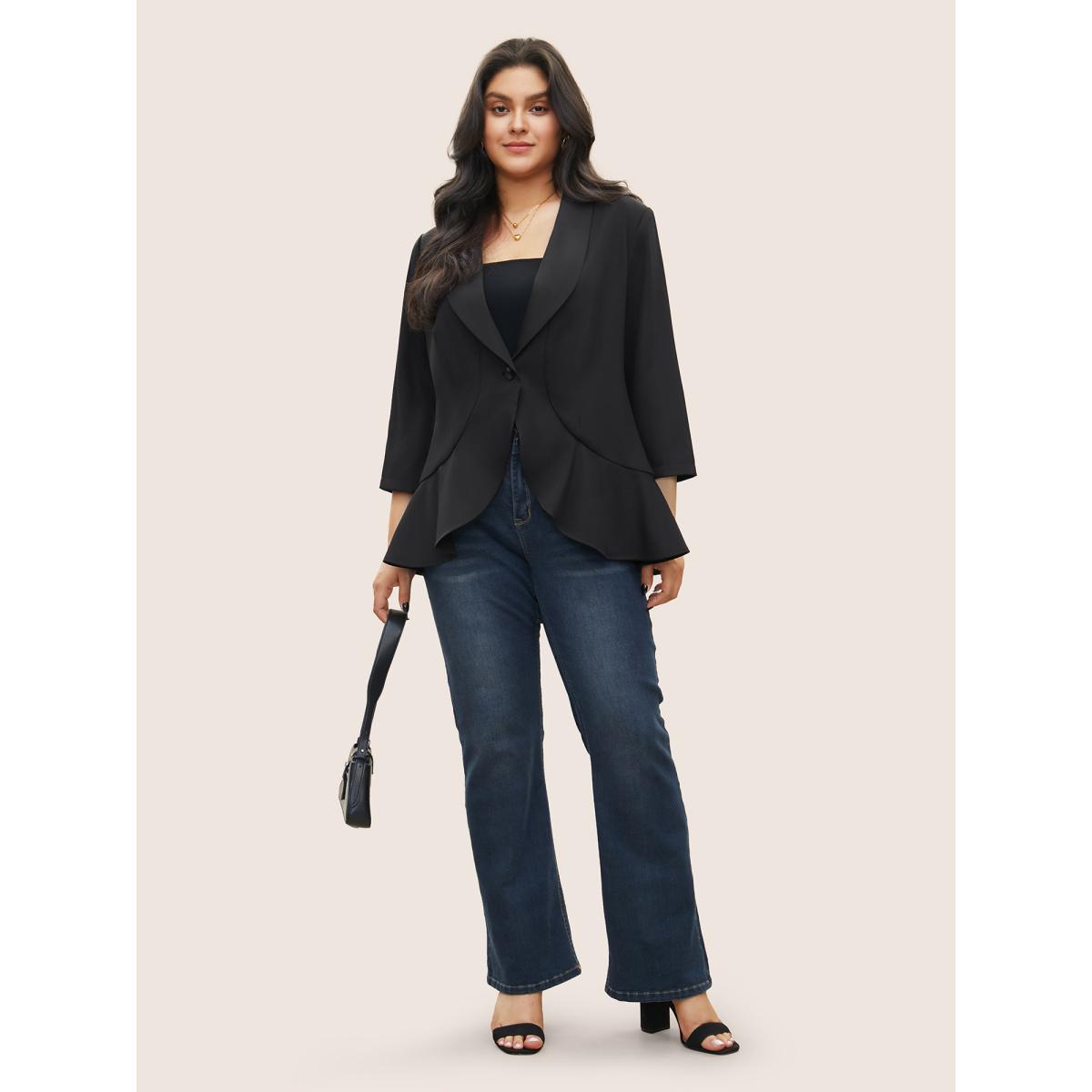 Plus Size Solid Patchwork Ruffles Blazer Black Women Work Plain Non Sleeve Elbow-length sleeve Suit Collar 28/5X At the Office Blazers BloomChic Product Image