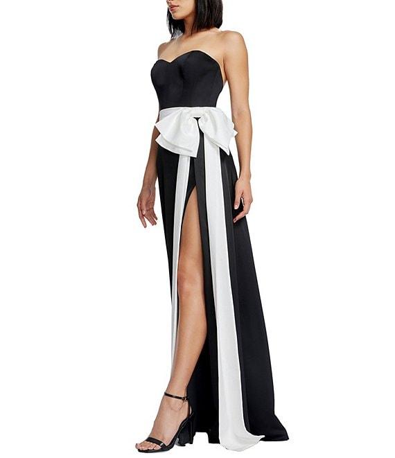 Dress the Population Athene Satin Strapless Sweetheart Neck Sleeveless Front Bow A-Line Gown Product Image