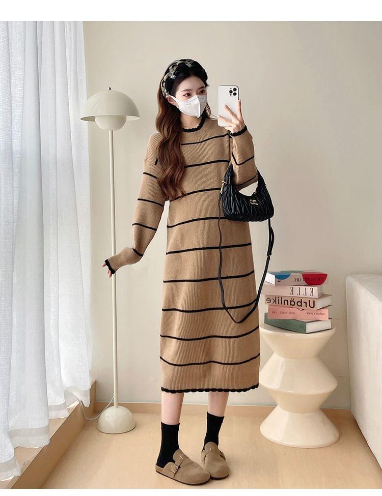Maternity Long Sleeve Round Neck Striped Ribbed Midi Shift Sweater Dress Product Image