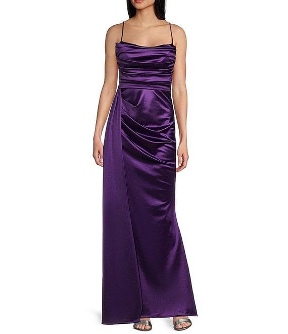 B. Darlin Satin Sweetheart Neckline Side Drape Long Dress Product Image