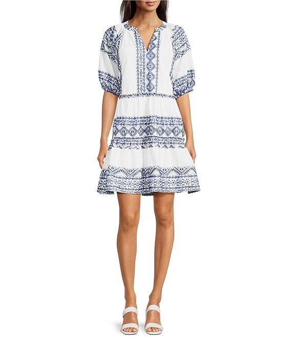 Calessa Embroidered Printed Band Collar Split V-Neck 3/4 Sleeve Shift Dress Product Image