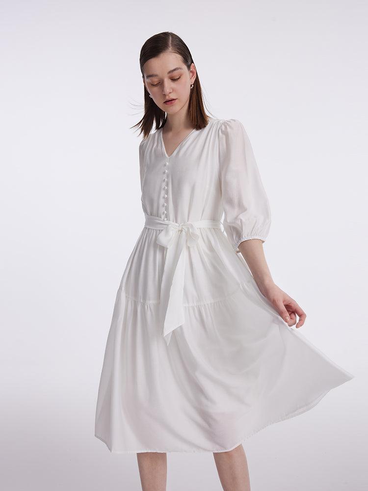 White V-Neck Gathered Waist Midi Dress Product Image