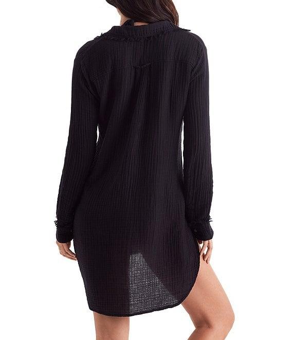 Mimi Flamingo Bliss Gauze Laguna Solid Point Collar Roll-Tab Sleeves Button Front Swim Cover-Up Shirt Product Image