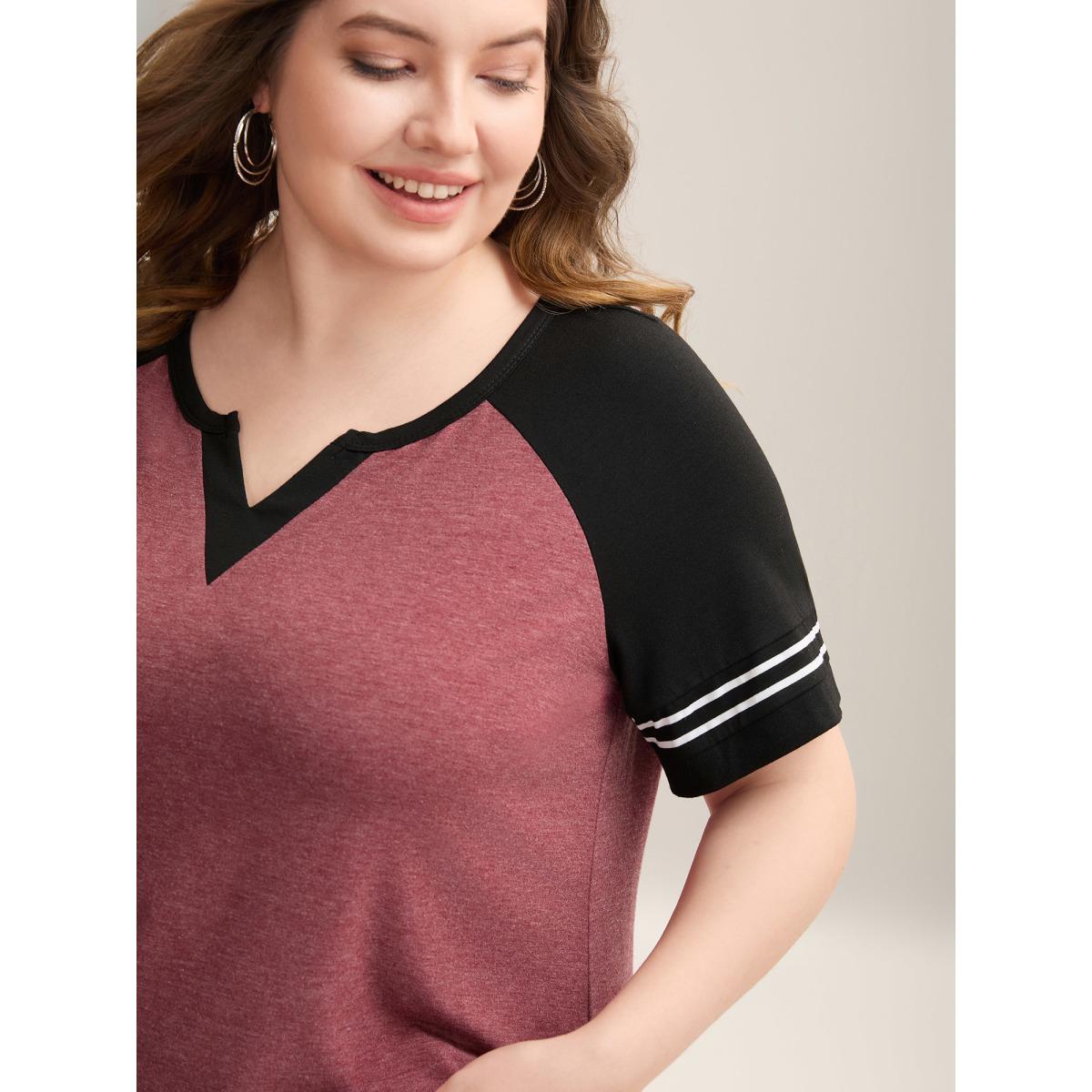Plus Size Color Contrast Split Neck Everyday T-Shirt Scarlet Women Casual Contrast Notched collar Everyday-Casual T-shirts BloomChic 14-16/1X Product Image
