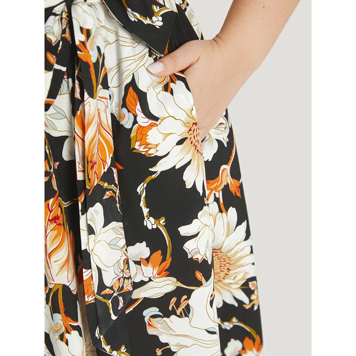 Plus Size Floral Print Mesh Pocket Belted Patchwork Dress Black Women Glamour Belted V-neck Short sleeve Curvy Knee Dress BloomChic 28/5X Product Image