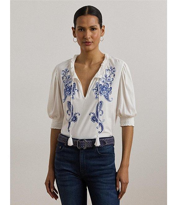 Lauren Ralph Lauren Ruffle Knit Jersey Paisley Floral Split V-Neck 3/4 Puff Sleeve Smocked Embroidered Top Product Image