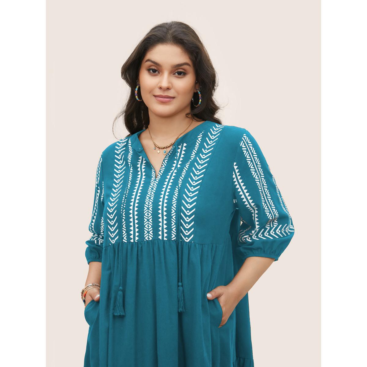 Plus Size Cotton Geometric Bandana Print Tassel Trim Dress Emerald Women Boho Non V-neck Short sleeve Curvy Knee Dress BloomChic 18-20/2X Product Image