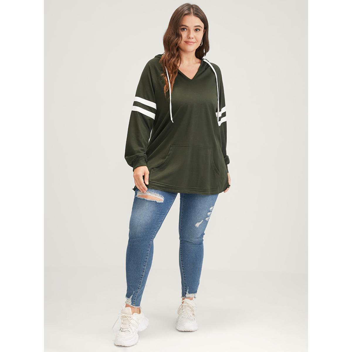 Plus Size Solid Contrast Pocket Drawstring Hooded Sweatshirt Women ArmyGreen Casual Contrast Hooded Dailywear Sweatshirts BloomChic 14-16/1X Product Image