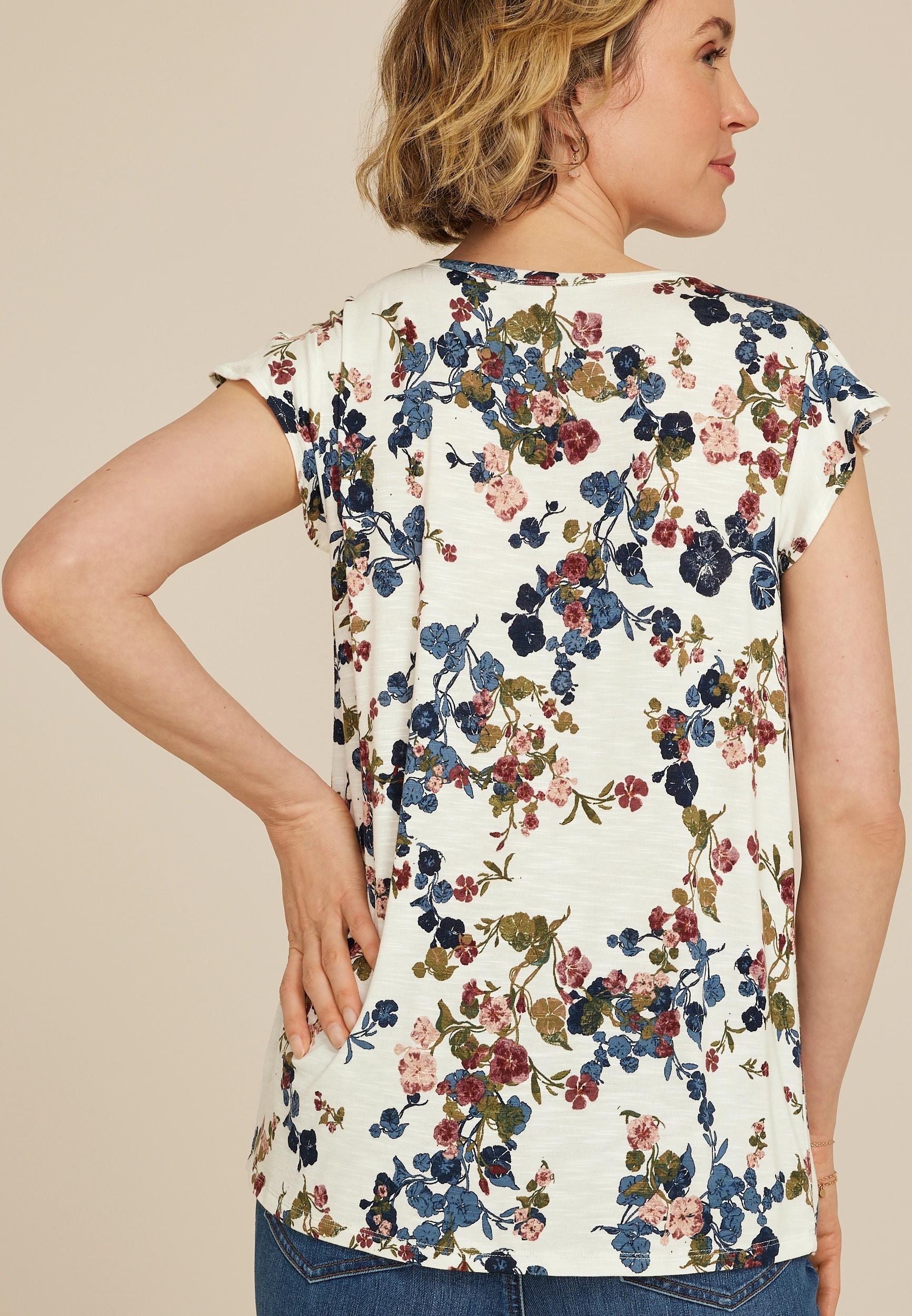 Floral Flutter Sleeve V Neck Tee Product Image