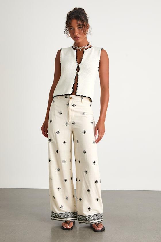 Elwen Cream and Black Linen Embroidered High-Rise Pants Product Image